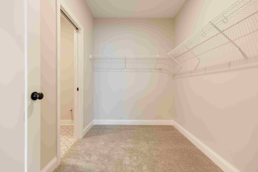 a walk in closet in a bedroom with a door to the closet