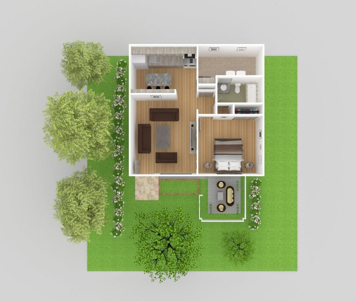 a plan of the house with the terrace and the bedroom