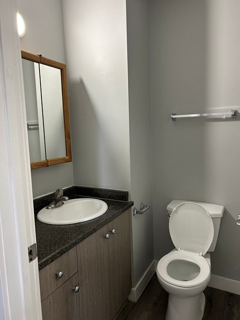 a small bathroom with a sink toilet and mirror