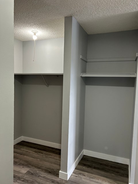 a walk in closet in an empty room with shelves