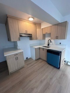 A kitchen with wooden cabinets and a blue dishwasher.