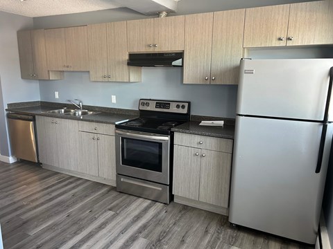 A kitchen with a stove, oven, and refrigerator.