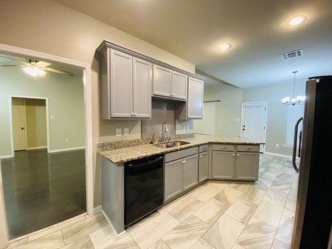 A kitchen with a black dishwasher and a black refrigerator.