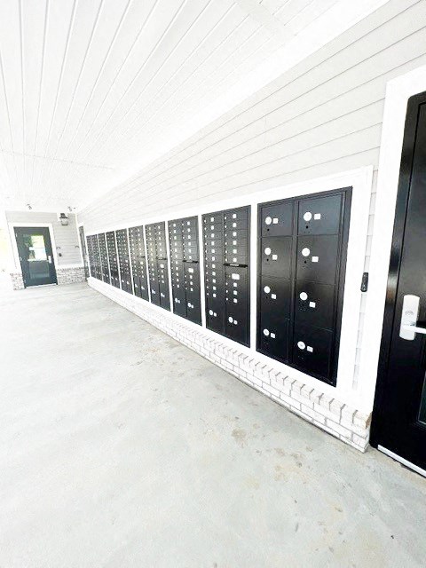 a row of lockers in the hallway of a building