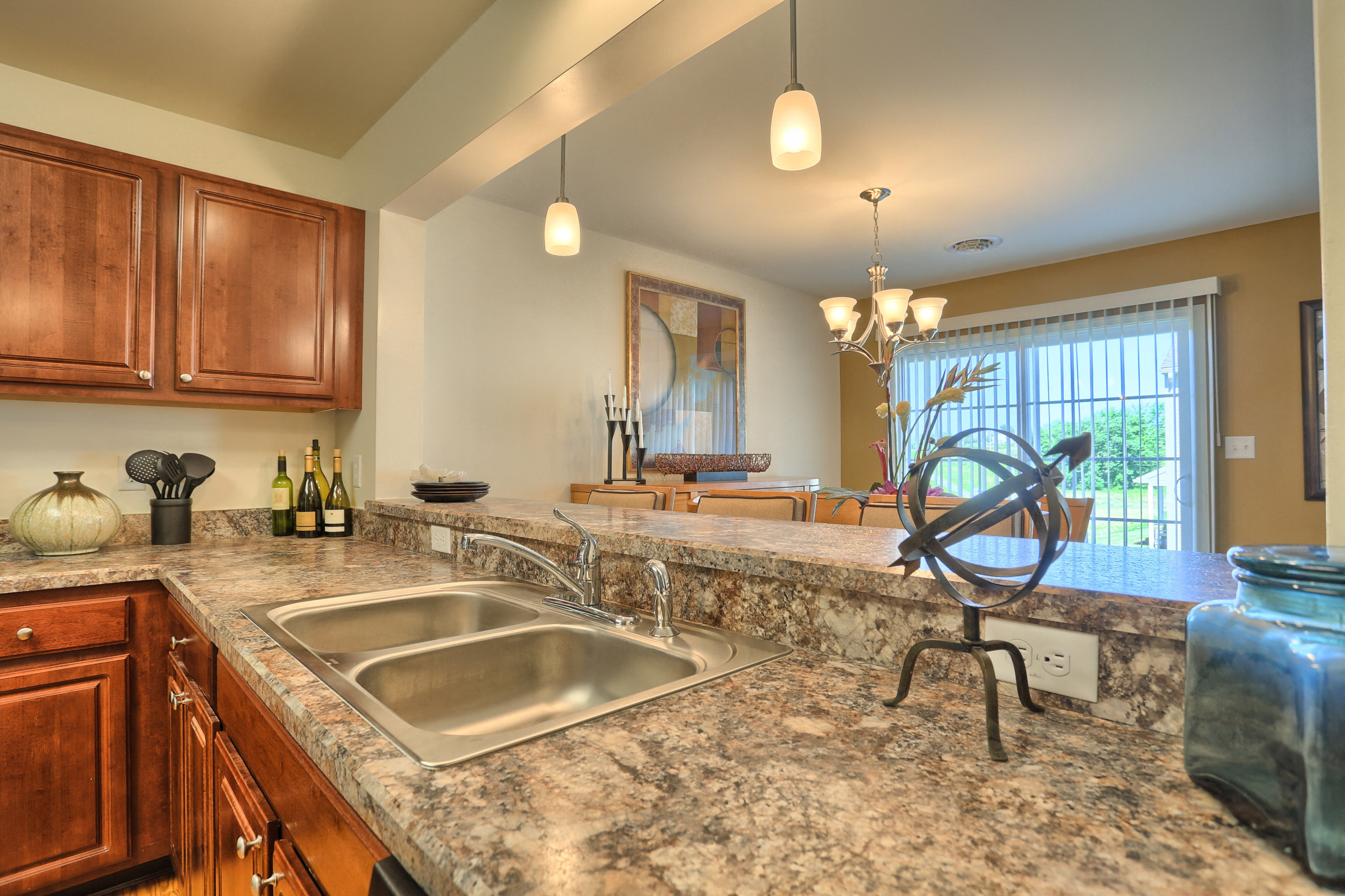 kitchen overlooks dining room area