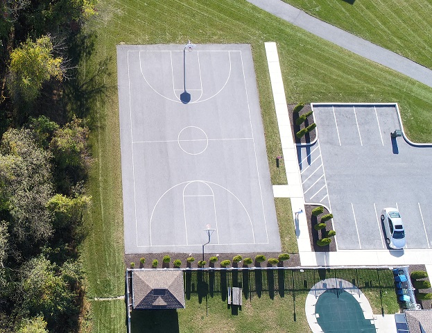 an aerial view of a basketball court on a
