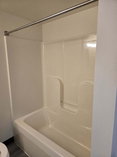 a white bathroom with a shower and a toilet