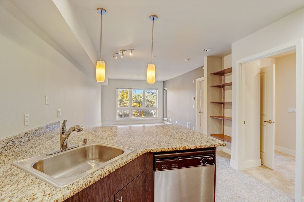 a kitchen with a sink and a counter top