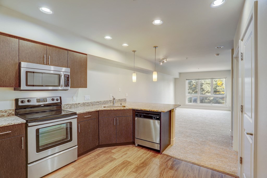 a kitchen with stainless steel appliances and a counter top