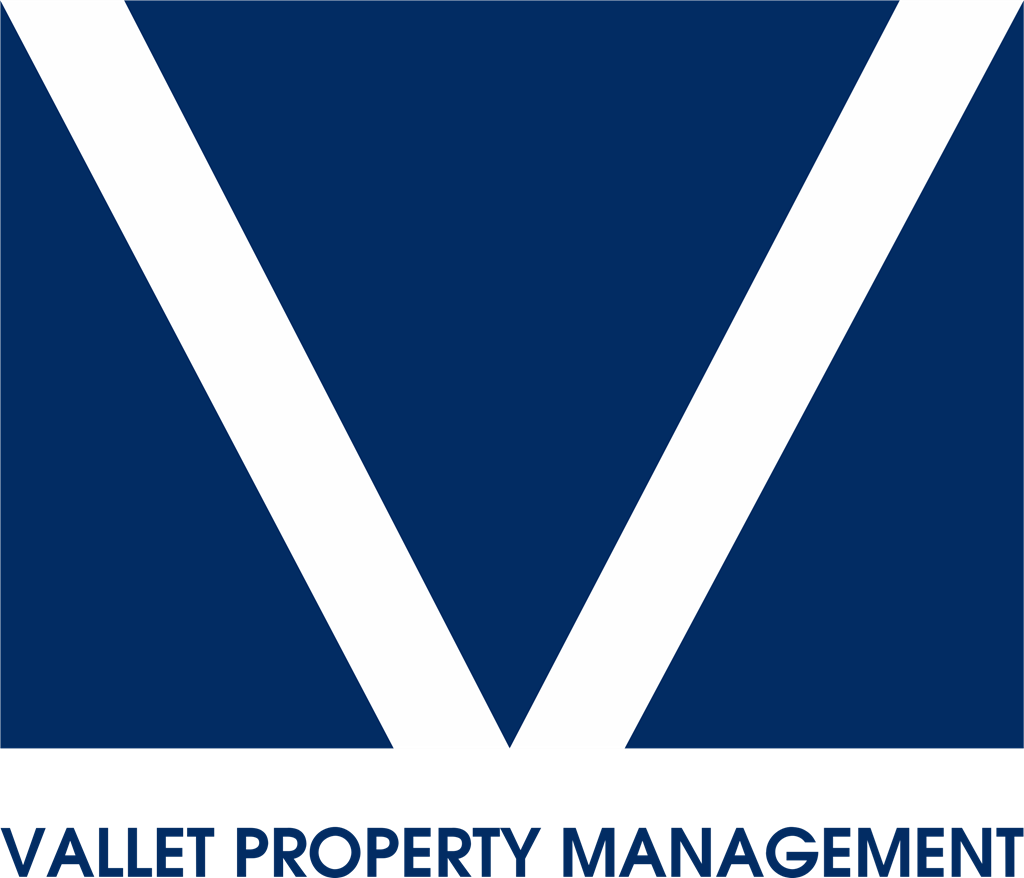 a blue and white triangle with a blue overlay and the word valet property management