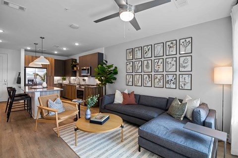 a living room with a couch and a table