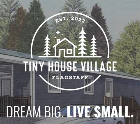 a tiny house village logo with a house and trees