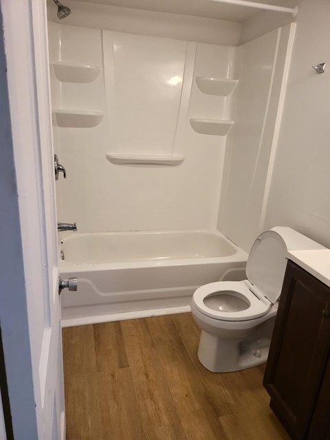 a bathroom with a toilet and a bath tub