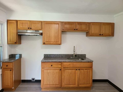 an empty kitchen with wooden cabinets and a sink
