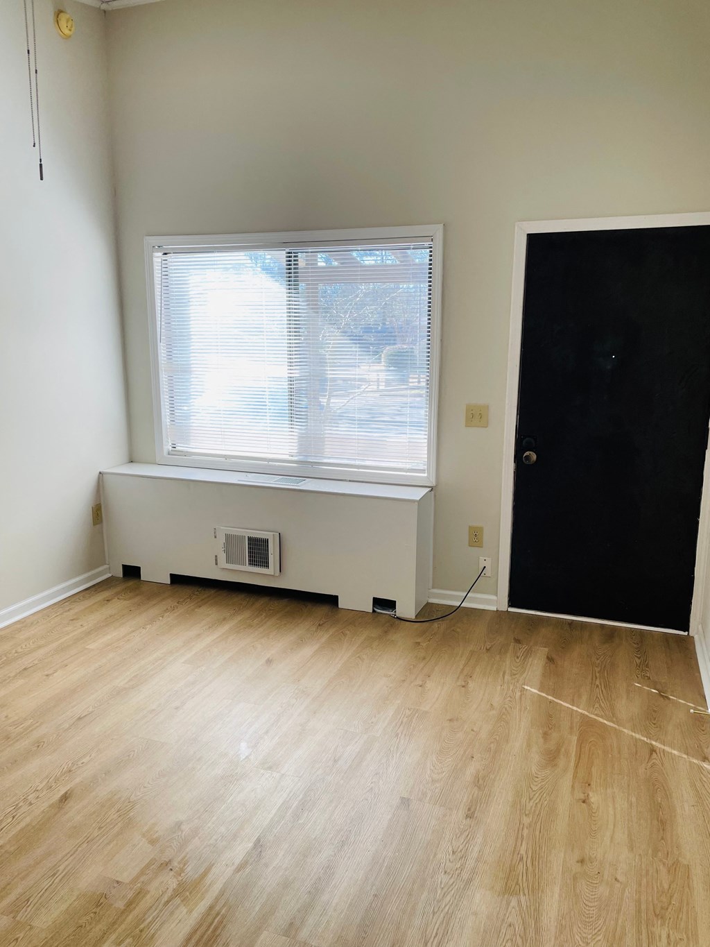 A room with a window and a radiator on the wall.