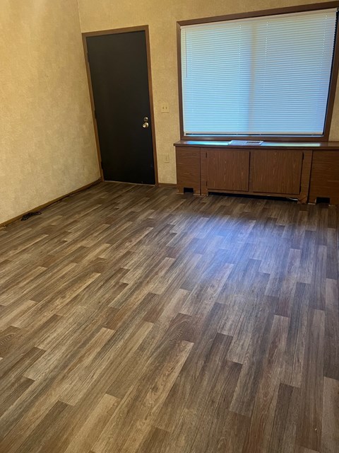 A room with a wooden floor and a black door.