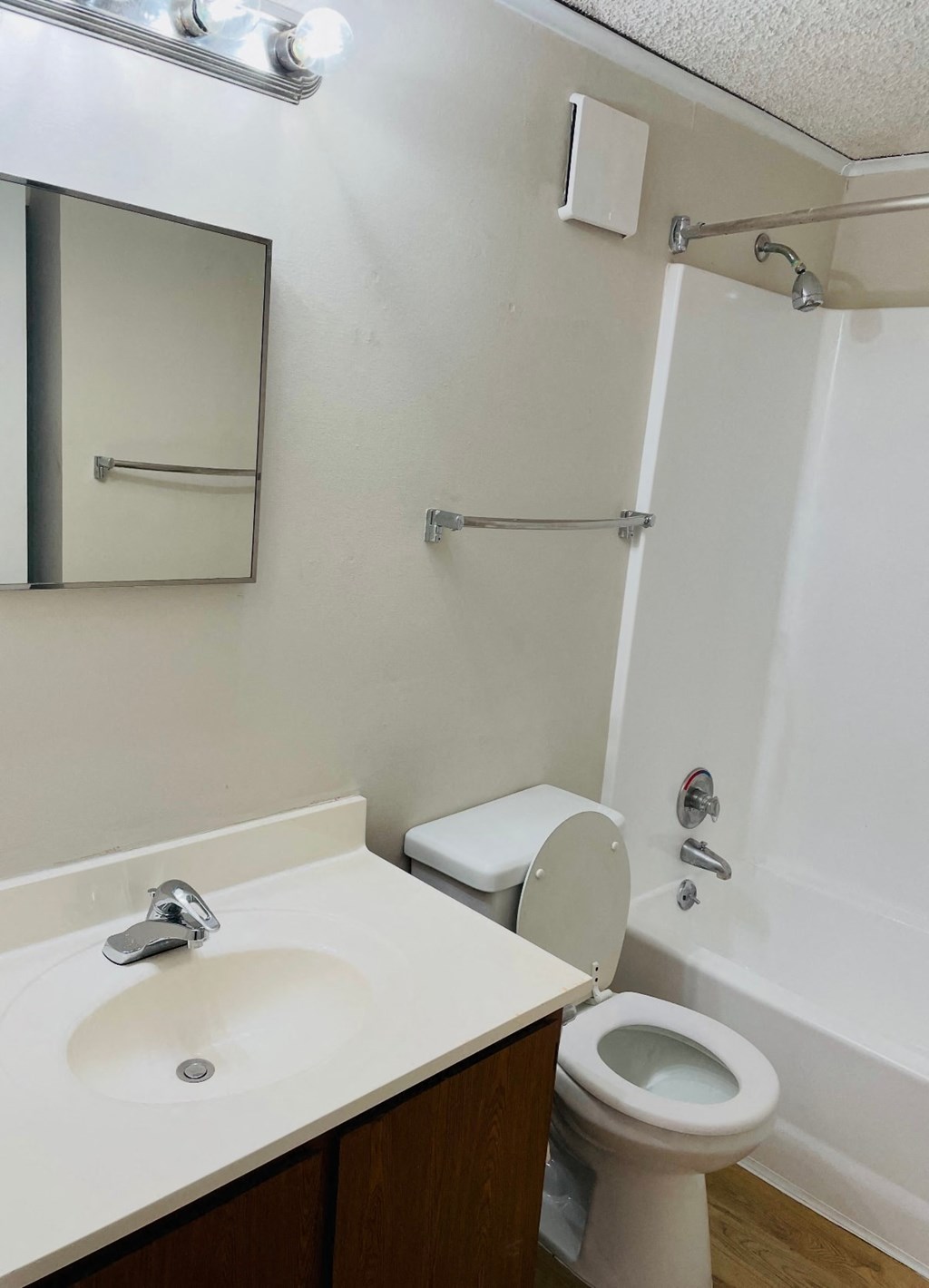 A white toilet is in a bathroom with a sink and mirror.