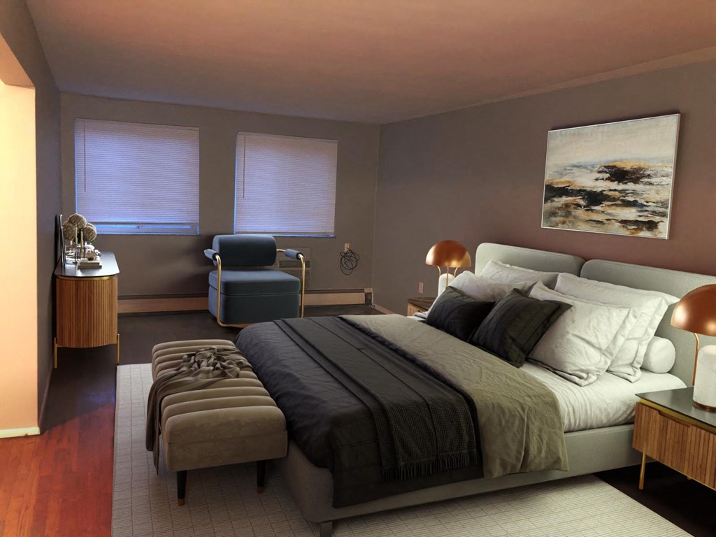 a bedroom with a bed and a chair