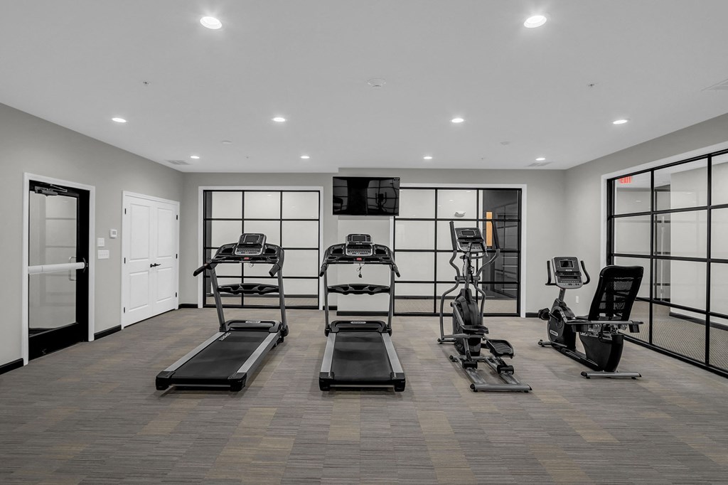the gym is equipped with treadmills and other fitness equipment