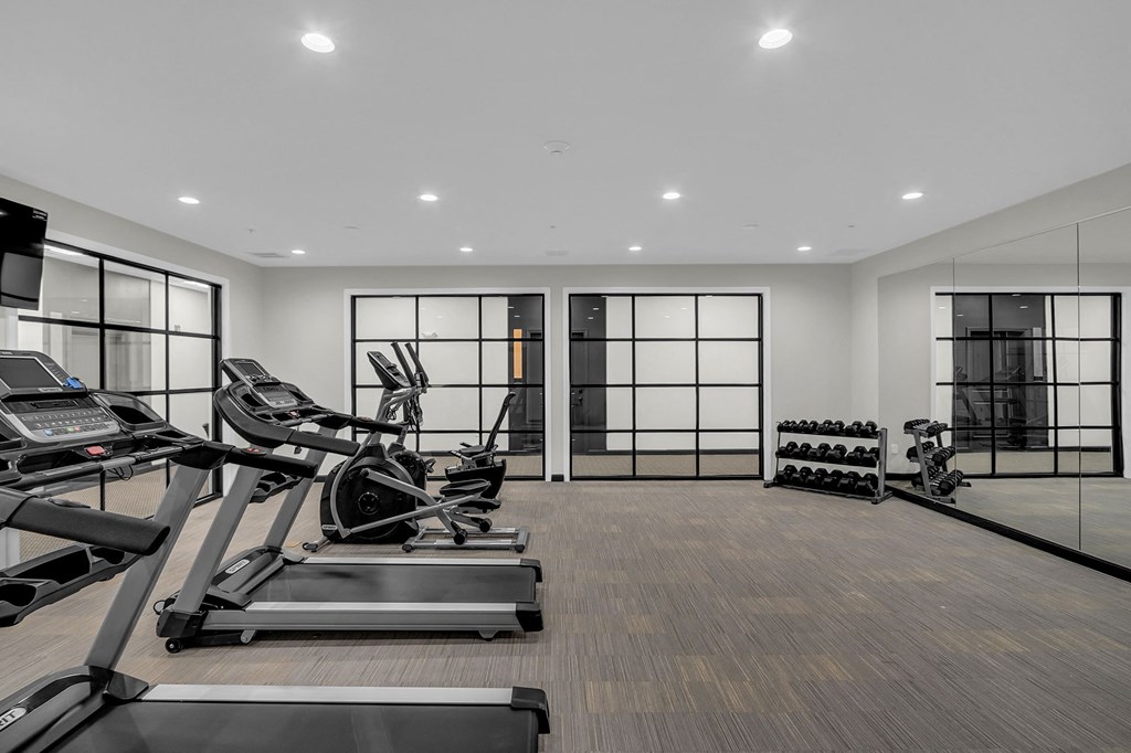 the gym is equipped with treadmills and other fitness equipment