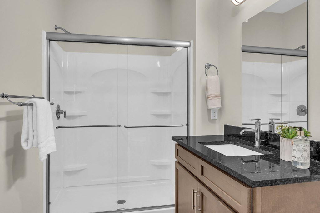 a bathroom with a shower and a sink and a mirror