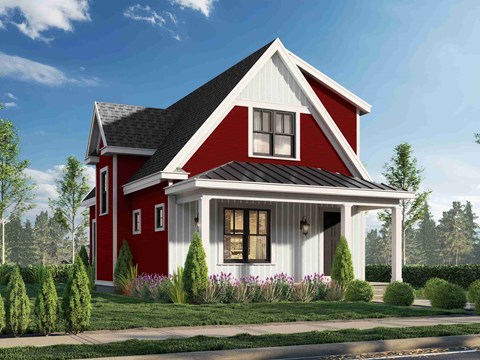 a schematic rendering of a red and white house with a porch and a red house