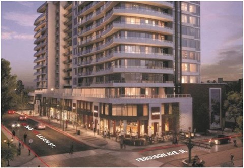 a rendering of a tall building on the corner of a city street
