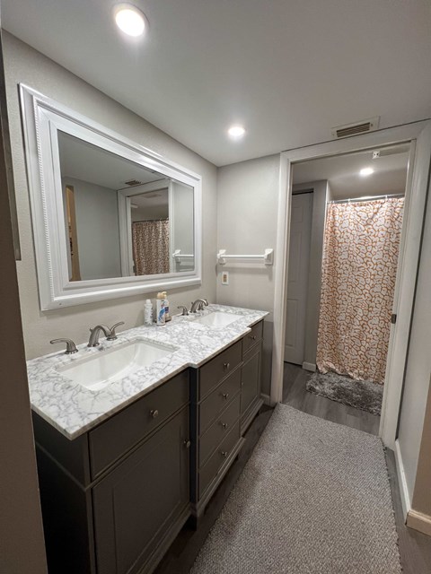 A bathroom with a sink, mirror, and shower.