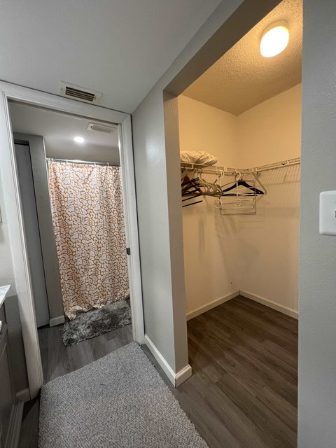 A small, empty room with a closet and a doorway leading to another room.