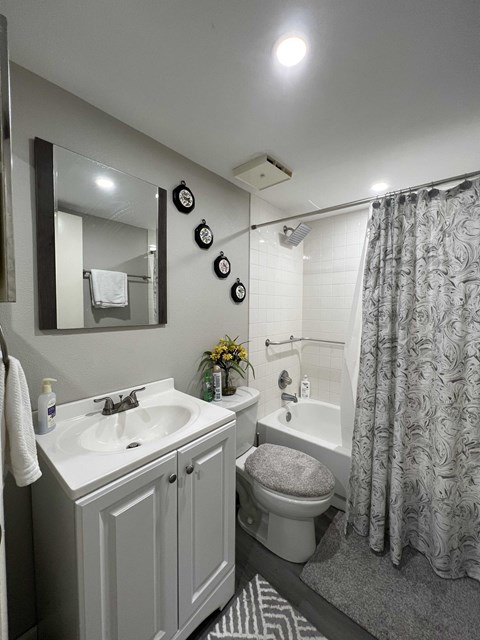 A bathroom with a sink, toilet, and shower.