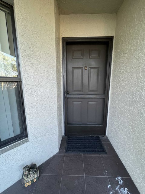 A black door with a window to the left and a black mat in front of it.