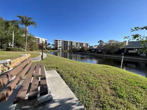 A park with a bench and a pond.