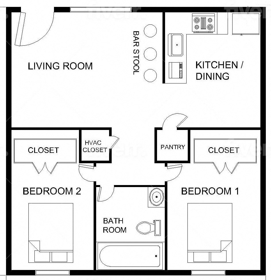 a floor plan of a small house with a kitchen and a living room