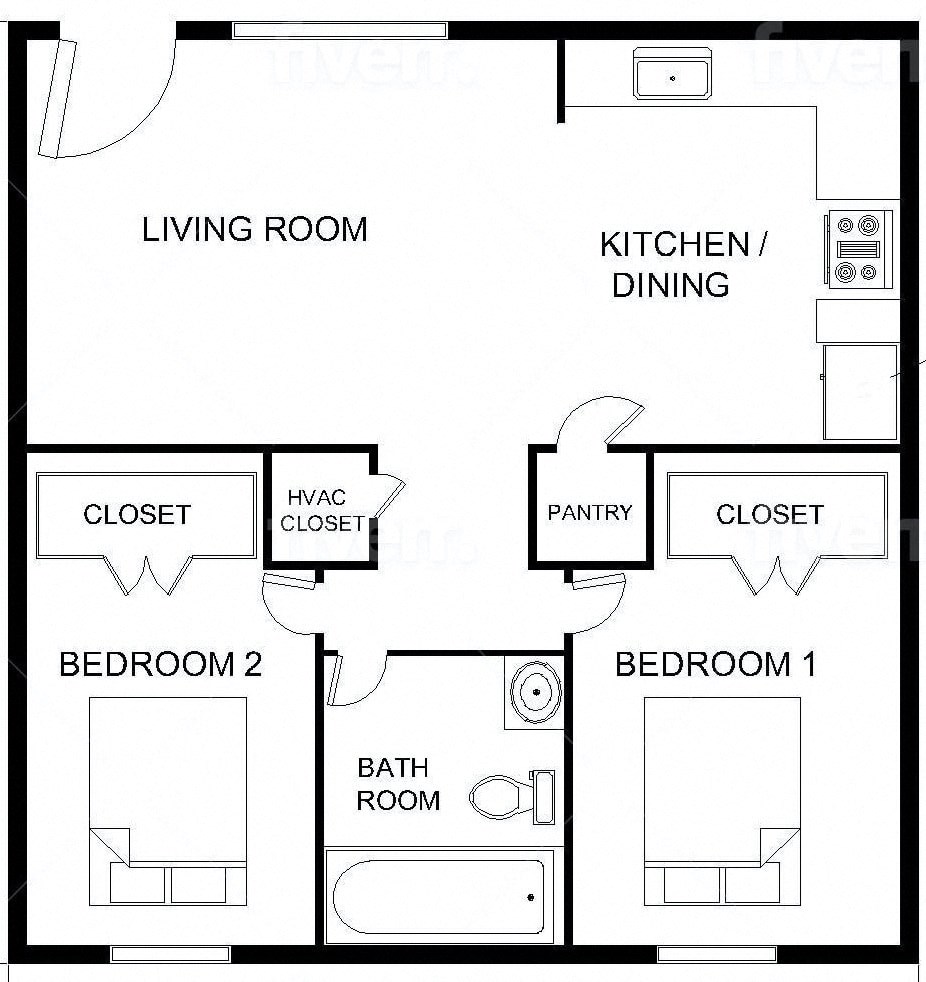 a floor plan of a room with a kitchen and a living room