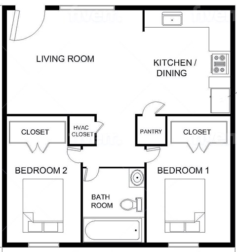 A black and white floor plan of a two bedroom apartment.