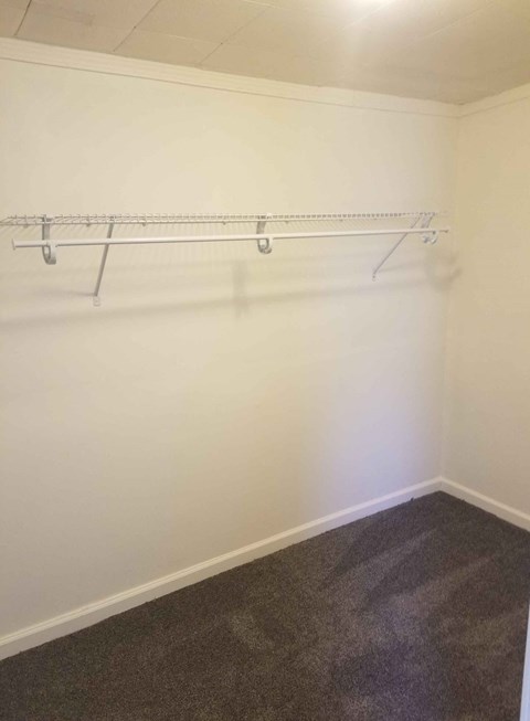 Empty room with a white wall and a grey carpet.