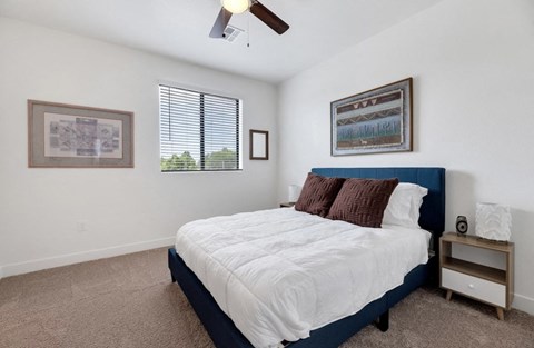 a bedroom with a bed and a ceiling fan