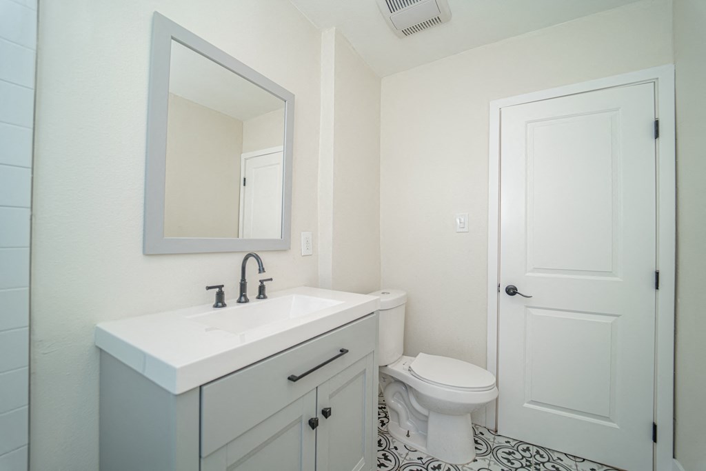 a bathroom with a sink toilet and a mirror