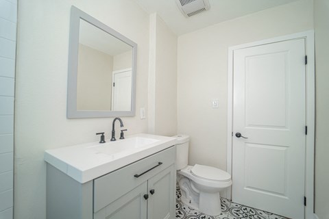 a bathroom with a sink toilet and a mirror