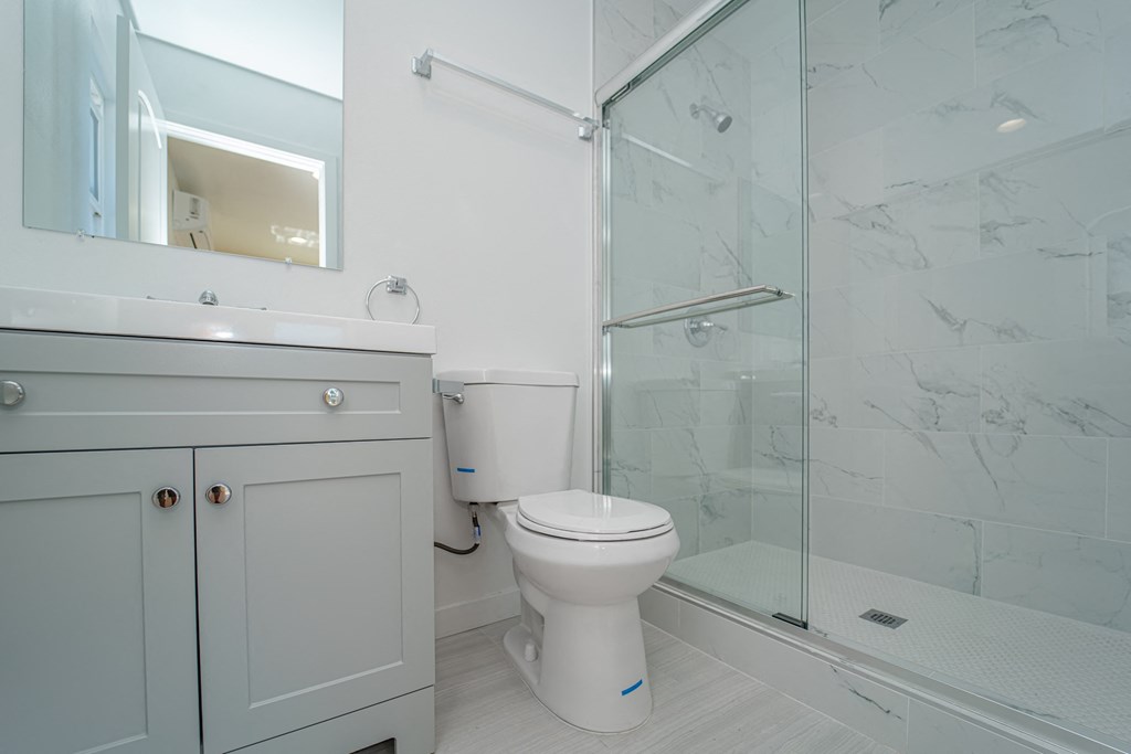 a white bathroom with a shower and a toilet