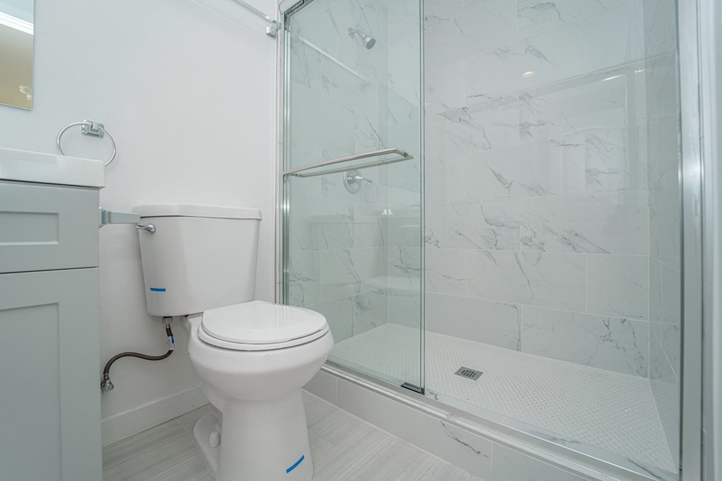 a white bathroom with a toilet and a shower