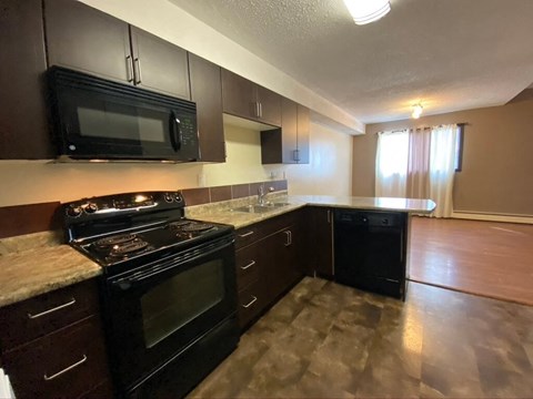 an empty kitchen with a stove and a microwave