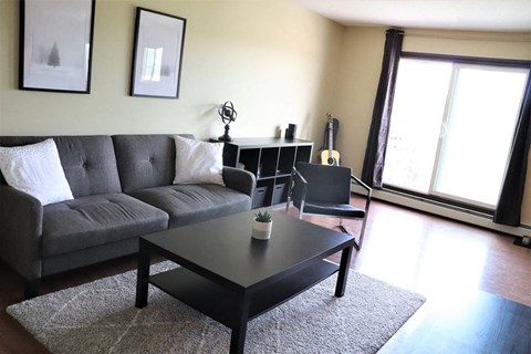 A living room with a grey sofa, a black coffee table, and a small shelf with a guitar on it.
