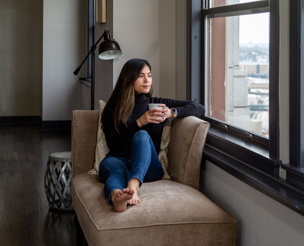 a woman sitting in a chair looking out a window with a drink
