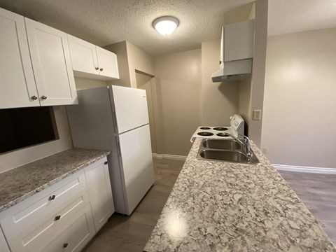 a kitchen with white cabinets and a granite counter top