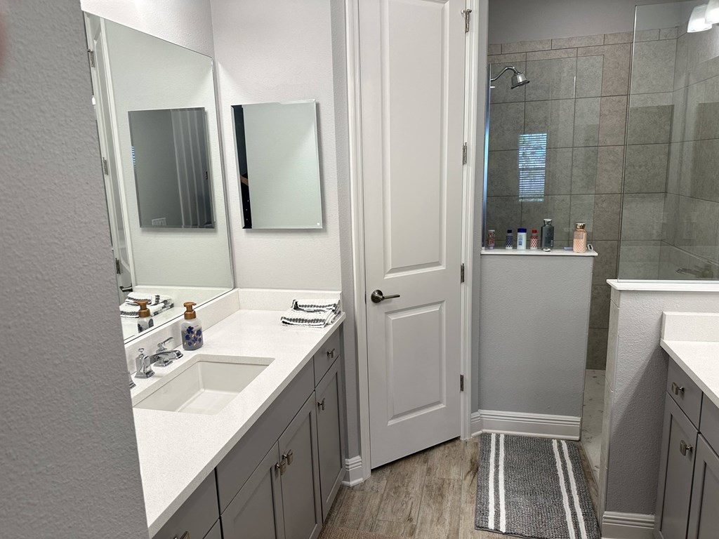 a bathroom with a sink and a shower