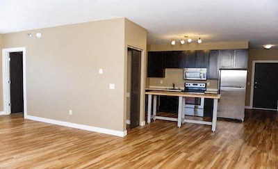a living room with a kitchen and a wooden floor