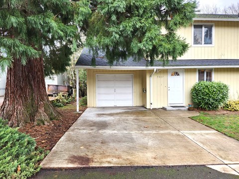 A house with a white garage door and a brown tree in front.