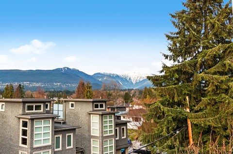 A mountain range is in the background of a residential area.