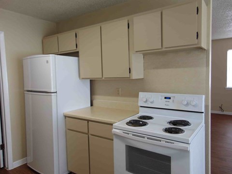 a kitchen with a stove and a refrigerator